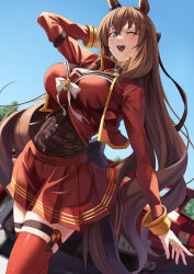 Rule 34 | 1girl, animal ears, arm up, blue eyes, bow, breasts, brown hair, cleavage, dress, ear bow, hair between eyes, highres, horse ears, horse girl, horse tail, large breasts, long hair, long sleeves, looking at viewer, maruzensky (umamusume), one eye closed, open mouth, red dress, red thighhighs, seven (shijima), smile, solo, tail, thigh strap, thighhighs, umamusume
