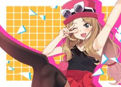 Rule 34 | 1girl, ;d, arm up, armpits, bare arms, black eyes, black shirt, black thighhighs, blush, breasts, brown hair, creatures (company), eyewear on headwear, game freak, hat, highres, leg up, long hair, looking at viewer, miniskirt, nintendo, one eye closed, open mouth, pleated skirt, pokemon, pokemon xy, ray (rays 26), red hat, red skirt, serena (pokemon), shirt, skirt, sleeveless, sleeveless shirt, small breasts, smile, solo, sunglasses, thighhighs, v over eye, very long hair, white-framed eyewear, zettai ryouiki