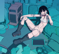 Rule 34 | 1girl, absurdres, android, bag, bed, black hair, bottomless, cable, cd, collar, computer, controller, female focus, game controller, grin, headphones, highres, joints, looking at viewer, no humans, original, platform footwear, robot joints, rug, science fiction, shoulder bag, sidelocks, smile, socks, solo, strapless, sukabu, tablet pc, tube top, twintails, wire