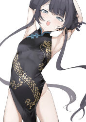 Rule 34 | 1girl, black gloves, black hair, blue archive, breasts, china dress, chinese clothes, choppy bangs, cropped arms, cropped head, cropped legs, double bun, dragon print, dress, gloves, grey eyes, hair bun, highres, kisaki (blue archive), light blush, long hair, looking at viewer, mitsuru (pixiv 34028718), open mouth, pelvic curtain, sidelocks, small breasts, twintails, white background