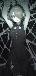 Rule 34 | 1girl, absurdres, arms up, black background, black dress, breasts, collared shirt, cowboy shot, danganronpa (series), danganronpa v3: killing harmony, dress, frown, gradient background, green eyes, green hair, grey shirt, highres, large breasts, looking at viewer, maid headdress, necktie, pale skin, purple necktie, restrained, shirt, short hair, silk, solo, spider web, thighhighs, tojo kirumi, torn clothes, torn thighhighs, toufu (tofu prprpr), white shirt