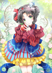 Rule 34 | 1girl, apple, bare shoulders, bow, dress, food, frilled dress, frills, fruit, green eyes, grey hair, hair bow, hat, momoiro taisen pairon, open mouth, original, ribbon, short twintails, solo, twintails, yamadori ofuu