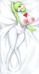 Rule 34 | 1girl, absurdres, arm behind head, arm up, armpits, bed sheet, blush, bob cut, breasts, censored, collarbone, colored skin, commission, completely nude, creatures (company), dakimakura (medium), female focus, from above, full body, furry, furry female, game freak, gardevoir, gen 3 pokemon, green hair, green skin, haembokeyo, hair over one eye, heart, heart-shaped pupils, highres, huge breasts, knees together feet apart, lying, mosaic censoring, multicolored skin, navel, nintendo, nipples, nude, on back, one eye covered, open mouth, pokemon, pokemon (creature), purple eyes, pussy, short hair, simple background, solo, stomach, symbol-shaped pupils, toned, two-tone skin, white background, white skin, wide hips