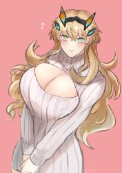 Rule 34 | 1girl, alternate costume, blonde hair, breasts, cleavage, cleavage cutout, clothing cutout, barghest (fate), fate/grand order, fate (series), gradient eyes, green eyes, highres, huge breasts, long hair, multicolored eyes, orange eyes, pink background, simple background, solo, sone ama, sweater