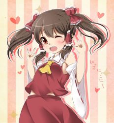 Rule 34 | 1girl, ;d, alternate hairstyle, ascot, bare shoulders, bow, brown hair, commentary request, detached sleeves, double m/, hair bow, hair tubes, hakurei reimu, haruki (colorful macaron), heart, long sleeves, m/, nico nico nii, one eye closed, open mouth, red eyes, shirt, skirt, skirt set, smile, solo, striped, striped background, touhou, twintails, vertical stripes, wide sleeves