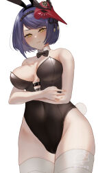 Rule 34 | 1girl, alternate costume, animal ears, arms under breasts, bare arms, bare shoulders, belt, bird mask, black belt, black bow, black bowtie, black leotard, blue hair, blush, bow, bowtie, breasts, buckle, closed mouth, collar, covered navel, crossed arms, dark blue hair, detached collar, fake animal ears, fake tail, genshin impact, groin, highleg, highleg leotard, highres, kujou sara, leotard, looking at viewer, mask, mask on head, medium breasts, playboy bunny, rabbit ears, rabbit tail, short hair, sigggrain, simple background, solo, strapless, strapless leotard, swept bangs, tail, thighhighs, thighs, twitter username, v-shaped eyebrows, white background, white collar, white thighhighs, yellow eyes