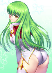 Rule 34 | 1girl, ass, bad id, bad pixiv id, blue background, breasts, c.c., closed mouth, code geass, cowboy shot, from behind, garter straps, gradient background, green hair, hair over one eye, highres, jacket, leaning, leaning forward, legs together, leotard, long hair, long sleeves, looking at viewer, looking back, medium breasts, nasaniliu, panties, revision, shiny skin, smile, solo, standing, thighhighs, underwear, white leotard, white thighhighs, yellow eyes