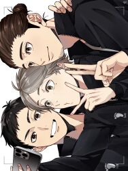 3boys arm_up azumane_asahi black_hair brown_eyes brown_hair cellphone collared_jacket commentary_request facial_hair goatee grey_eyes grey_hair grin haikyuu!! hair_bun highres holding holding_phone jacket looking_at_phone male_focus multiple_boys omg_genjitsu parted_bangs phone popped_collar pursed_lips sawamura_daichi selfie short_hair sideways simple_background single_hair_bun smile sugawara_koushi taking_picture teeth unzipped upper_body v viewfinder white_background zipper