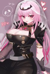 Rule 34 | 1girl, breasts, cleavage, highres, hololive, hololive english, large breasts, looking to the side, mori calliope, onikuman, pink eyes, pink hair, skull, solo, tiara, tongue, tongue out, veil, virtual youtuber