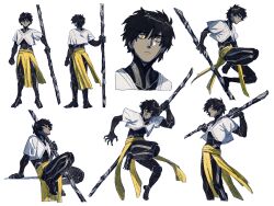 Rule 34 | 1boy, black hair, character sheet, closed mouth, commentary request, dark-skinned male, dark skin, facing away, full body, hand up, highres, holding, holding staff, jumping, looking at viewer, looking to the side, male focus, multiple views, original, over shoulder, pelvic curtain, sabyap, short hair, short sleeves, simple background, sitting, staff, standing, weapon, weapon over shoulder, white background, yellow eyes