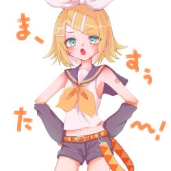 Rule 34 | 1girl, annoyed, aqua eyes, armpits, bare shoulders, blonde hair, bow, breasts, detached sleeves, flat chest, grey sailor collar, grey shorts, grey sleeves, hair bow, hair ornament, hairclip, hands on own hips, headphones, headset, highres, kagamine rin, light blush, looking at viewer, midriff, navel, neckerchief, nnc225, number tattoo, open mouth, sailor collar, shirt, short hair, shorts, shoulder tattoo, skinny, sleeveless, sleeveless shirt, small breasts, solo, tattoo, treble clef, v-shaped eyebrows, vocaloid, yellow neckerchief