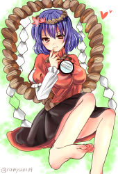 Rule 34 | 1girl, barefoot, black skirt, blue hair, blush, breasts, feet, finger to mouth, hair ornament, heart, highres, juliet sleeves, large breasts, leaf hair ornament, long sleeves, looking at viewer, mirror, puffy sleeves, ramudia (lamyun), red eyes, rope, shimenawa, short hair, skirt, smile, solo, touhou, twitter username, yasaka kanako