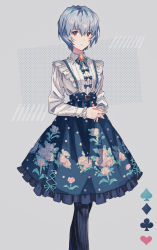 Rule 34 | 1girl, alternate costume, ayanami rei, belt, black pantyhose, black ribbon, blouse, blue belt, blue hair, blue skirt, breasts, brooch, closed mouth, club (shape), collared shirt, cross-laced clothes, cross-laced skirt, diamond (shape), expressionless, feet out of frame, floral print, frilled shirt collar, frilled skirt, frilled sleeves, frills, grey background, hair between eyes, hajikkoneko, heart, highres, interlocked fingers, jewelry, jitome, light blue hair, lolita fashion, long sleeves, looking at viewer, neck ribbon, neon genesis evangelion, own hands together, pantyhose, polka dot, polka dot background, polka dot skirt, red eyes, ribbon, rose print, shirt, shirt tucked in, short hair, side slit, simple background, skirt, small breasts, solo, spade (shape), striped clothes, striped pantyhose, striped ribbon, suspender skirt, suspenders, vertical-striped clothes, vertical-striped pantyhose, white shirt