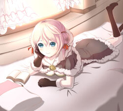 Rule 34 | 1girl, alternate eye color, bed, blonde hair, blue eyes, blush, book, boots, breasts, brown cape, brown footwear, brown gloves, cape, closed mouth, commentary request, double bun, full body, fur-trimmed cape, fur-trimmed gloves, fur trim, gloves, hair between eyes, hair bun, hair ribbon, hand on own cheek, hand on own face, high wizard (ragnarok online), highres, indoors, kathryne keyron, looking at viewer, lying, medium bangs, medium breasts, nanata (huwjgort33dix4i), on bed, on stomach, open book, pillow, ragnarok online, red ribbon, ribbon, short hair, smile, solo, the pose