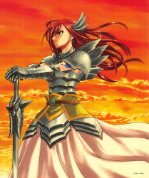 Rule 34 | 1girl, armor, belt, breastplate, erza scarlet, fairy tail, gauntlets, hair ornament, highres, long hair, long skirt, mashima hiro, official art, red hair, shoulder pads, skirt, solo, sunset, sword, tattoo, weapon