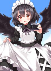 Rule 34 | 1girl, :d, alternate costume, apron, bird wings, black hair, black wings, blush, camera, day, enmaided, feathered wings, frilled apron, frills, hair between eyes, highres, holding, holding camera, holding clothes, holding skirt, long sleeves, looking at viewer, maid, maid apron, maid headdress, medium hair, open mouth, outdoors, red eyes, ruu (tksymkw), shameimaru aya, skirt, skirt hold, sky, smile, solo, touhou, white apron, wings