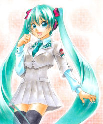 Rule 34 | 1girl, aqua eyes, aqua hair, hatsune miku, headphones, long hair, nanami niina, necktie, open mouth, project diva, project diva (series), skirt, solo, thighhighs, traditional media, twintails, very long hair, vocaloid