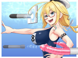 Rule 34 | 1girl, air bubble, arm strap, bare shoulders, blonde hair, blue eyes, book, breasts, bubble, commentary request, dildo, glasses, hat, i-8 (kancolle), kantai collection, large breasts, low twintails, name tag, one-piece swimsuit, open mouth, peaked cap, red-framed eyewear, sailor hat, school swimsuit, semi-rimless eyewear, sex toy, solo, submerged, swimsuit, torpedo, tussy, twintails, under-rim eyewear, underwater