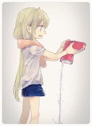Rule 34 | 1girl, blonde hair, boots, brown eyes, comeco, futaba anzu, holding shoe, idolmaster, idolmaster cinderella girls, long hair, pouring, profile, rubber boots, shirt, shorts, solo, t-shirt, towel, towel around neck, water