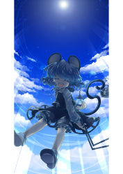 Rule 34 | 1girl, :d, ^ ^, absurdres, animal ears, artistic error, basket, bishamonten&#039;s pagoda, closed eyes, cloud, dowsing rod, female focus, flying, grey hair, has bad revision, has downscaled revision, highres, iris anemone, jewelry, md5 mismatch, mouse (animal), mouse ears, mouse tail, nazrin, open mouth, pendant, resolution mismatch, shoes, skirt, skirt set, sky, smile, solo, source smaller, sun, tail, touhou