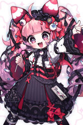 Rule 34 | 1girl, :3, :d, ahoge, black bow, black skirt, blunt bangs, blush, bow, candy, chain, child, cowboy shot, dress, drill hair, food, frilled dress, frilled shirt, frills, hair bow, hair ornament, hairband, hand up, highres, holding, holding candy, holding food, horns, idola caverne, legs apart, lolita fashion, lolita hairband, lollipop, long hair, long sleeves, looking at viewer, open mouth, original, pink eyes, pink hair, puffy sleeves, red bow, shirt, skirt, smile, solo, star (symbol), symbol-shaped pupils, thumbs up, twintails, very long hair, white shirt, wide sleeves, wings