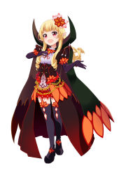 Rule 34 | 1girl, :d, battle girl high school, black gloves, black thighhighs, blonde hair, blunt bangs, breasts, cape, chain, commentary, earrings, elbow gloves, fang, full body, gloves, hair ornament, hand on own chest, highres, jewelry, lee xianshang, long hair, monster girl, monster girl encyclopedia, monsterification, open mouth, outstretched hand, pointy ears, red eyes, ringlets, sendouin kaede, sidelocks, simple background, small breasts, smile, solo, standing, thighhighs, undead, underbust, vampire, vampire (monster girl encyclopedia), white background