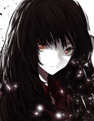 Rule 34 | 1girl, black hair, closed mouth, collared shirt, commentary request, expressionless, glowing, hair between eyes, highres, long hair, looking at viewer, matsunaga777, original, pale skin, red eyes, red shirt, shadow, shirt, solo, upper body, white background