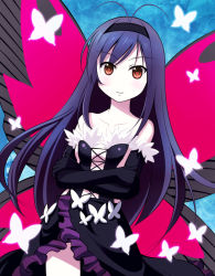 Rule 34 | 10s, 1girl, accel world, antenna hair, bad id, bad pixiv id, bare shoulders, black hair, brown eyes, bug, butterfly, butterfly wings, doridori, dress, elbow gloves, female focus, gloves, hairband, insect, insect wings, kuroyukihime, long hair, solo, wings