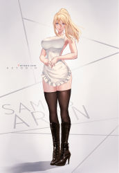 Rule 34 | 1girl, apron, artist name, aztodio, bare arms, bare shoulders, black footwear, black thighhighs, blonde hair, blue eyes, boots, breasts, character name, cleavage, collarbone, cross-laced footwear, frilled apron, frills, full body, gradient background, grey background, hair between eyes, high heel boots, high heels, highres, knee boots, lace-up boots, large breasts, long hair, looking at viewer, metroid, naked apron, nintendo, parted lips, pink lips, ponytail, samus aran, sidelocks, smile, solo, standing, thighhighs, watermark, web address, white apron