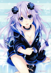 Rule 34 | 1girl, :p, absurdres, adult neptune, blue background, blush, breasts, cleavage, collar, collarbone, d-pad, d-pad hair ornament, food, hair ornament, heart, highres, hood, hooded track jacket, jacket, long hair, looking at viewer, medium breasts, neptune (series), official art, pudding, purple eyes, purple hair, shin jigen game neptune vii, sitting, solo, star (symbol), striped, striped background, tongue, tongue out, track jacket, tsunako, very long hair