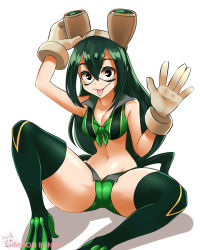 Rule 34 | 1girl, asui tsuyu, bikini, boku no hero academia, boots, breasts, cleavage, gloves, goggles, goggles on head, green eyes, green hair, solo, swimsuit, thigh boots, thighhighs