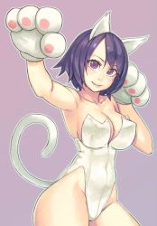 Rule 34 | 1girl, animal ears, animal hands, bare shoulders, breasts, cat ears, cat paws, cat tail, cleavage, gloves, kittysuit, large breasts, leotard, nontraditional playboy bunny, original, paw gloves, purple eyes, purple hair, short hair, smile, solo, tail, yuuji (and)