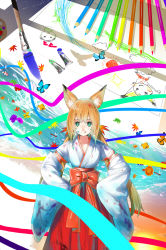 Rule 34 | 1girl, animal ears, art brush, bad id, bad pixiv id, blonde hair, colored pencil, detached sleeves, drawing, eraser, facepaint, fox ears, green eyes, hands on own hips, hullabaloo, japanese clothes, leaf, maple leaf, original, paint, paintbrush, pencil, solo, twintails