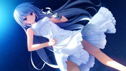 Rule 34 | 10s, 1girl, blue hair, breasts, dress, from below, fumio (ura fmo), game cg, grisaia (series), grisaia no rakuen, kazami kazuki, long hair, long legs, mechanical arms, outdoors, red eyes, single mechanical arm, sky, small breasts, solo, star (sky), starry sky, white dress