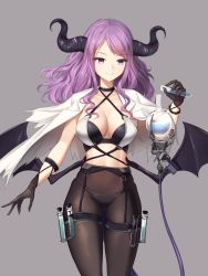 Rule 34 | 1girl, black choker, black gloves, black pantyhose, breasts, capelet, choker, collarbone, commentary request, cowboy shot, criss-cross halter, flask, gloves, grey background, halterneck, hand up, highres, holding, holster, horns, large breasts, long hair, low wings, minust, original, panties, panties under pantyhose, pantyhose, purple eyes, purple hair, round-bottom flask, simple background, smile, solo, standing, stomach, test tube, thigh holster, thighs, underwear, vial, white capelet, wings