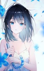 Rule 34 | 1girl, bad id, bad pixiv id, bare arms, bare shoulders, black hair, blue eyes, blue flower, blue hair, breasts, cleavage, collarbone, commentary, flower, gradient hair, holding, holding umbrella, looking at viewer, multicolored hair, naru (ul), original, parted lips, petals, short hair, small breasts, smile, solo, symbol-only commentary, umbrella, upper body, water drop