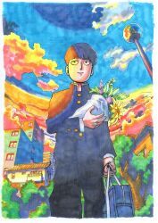 Rule 34 | 1boy, absurdres, bag, black eyes, black hair, bouquet, bowl cut, building, buttoned cuffs, buttons, cloud, commentary, english commentary, flower, gakuran, highres, holding, holding bag, holding bouquet, house, jigme tenzin wangchuk, kageyama shigeo, lamppost, male focus, marker (medium), mob psycho 100, school bag, school uniform, sky, smile, solo, traditional media, tree