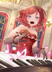 Rule 34 | 1girl, :d, ballroom, bare shoulders, black gloves, blush, collarbone, curtains, dress, earrings, frilled dress, frills, gloves, hair ribbon, hayaoki (asagi-iro seishun-bu), highres, indoors, instrument, jewelry, keyboard (instrument), lamp, looking at viewer, love live!, love live! school idol festival, love live! school idol project, medium hair, music, musical note, necklace, nishikino maki, open mouth, pearl necklace, piano, playing instrument, purple eyes, red dress, red hair, ribbon, sleeveless, sleeveless dress, smile, solo, strapless, strapless dress, window