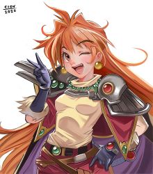 Rule 34 | 1girl, artist name, breasts, cape, ciov, commentary, english commentary, fang, hand on own hip, lina inverse, looking to the side, one eye closed, open mouth, orange eyes, orange hair, slayers, small breasts, solo, v, white background