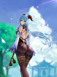 Rule 34 | 1girl, absurdres, ahoge, ass, backless outfit, black leotard, blue hair, blue sky, blurry, blurry background, breasts, brown pantyhose, closed mouth, cloud, day, detached sleeves, falling petals, fieryonion, floating hair, from behind, ganyu (genshin impact), gazebo, genshin impact, gloves, goat horns, has bad revision, has cropped revision, highres, horns, leotard, light particles, looking back, medium breasts, outdoors, pantyhose, petals, purple eyes, sky, smile, solo, tassel, thighlet, tree