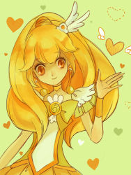 Rule 34 | 10s, 1girl, blonde hair, bow, choker, cure peace, eyelashes, green background, hair flaps, hair ornament, hairpin, heart, kise yayoi, long hair, magical girl, orange eyes, precure, ribbon, skirt, smile, smile precure!, solo, venuscho, waving, wide ponytail, wrist cuffs, yellow bow, yellow skirt, yellow theme