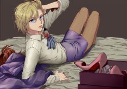 Rule 34 | 1boy, ascot, blonde hair, blue eyes, box, crossdressing, fishnet pantyhose, fishnets, hair slicked back, hand in own hair, hand on own head, high heels, hunter x hunter, jacket, unworn jacket, kurapika, leaning back, lipstick, long sleeves, looking at viewer, lying, makeup, male focus, messy hair, miniskirt, no shoes, on back, on bed, pantyhose, parted lips, pencil skirt, purple skirt, red hair, red lips, salgu, shirt, shoes, unworn shoes, side slit, skirt, solo, white shirt, wig