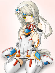 Rule 34 | 1girl, alternate costume, alternate hairstyle, bad id, bad pixiv id, blush, boots, braid, code: electra (elsword), elsword, eve (elsword), expressionless, gradient background, green eyes, grey hair, hairband, kneeling, long hair, marimorn, no pupils, panties, pantyshot, solo, thigh boots, thighhighs, underwear, white background, white theme, white thighhighs