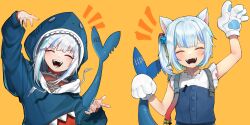 Rule 34 | 1girl, animal costume, animal ears, animal hands, animal hood, arm up, blue hair, blue hoodie, cat ears, closed eyes, cube hair ornament, eungi, fins, fish tail, gawr gura, gawr gura (1st costume), gawr gura (casual), gloves, grey hair, hair ornament, highres, hololive, hololive english, holomyth, hood, hoodie, medium hair, multicolored hair, official alternate costume, one side up, open mouth, overalls, paw gloves, shark costume, shark girl, shark hood, shark print, shark tail, sharp teeth, shirt, solo, streaked hair, tail, teeth, virtual youtuber, white shirt