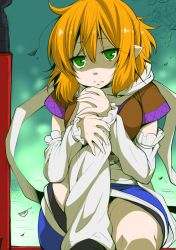 Rule 34 | 1girl, arm warmers, blonde hair, blue skirt, breasts, head rest, closed mouth, eichi yuu, green eyes, knee up, leg warmers, looking at viewer, medium breasts, mizuhashi parsee, pointy ears, scarf, shaded face, short hair, short sleeves, skirt, solo, touhou, white scarf
