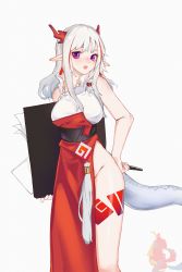 Rule 34 | 1girl, alternate costume, arknights, braid, breasts, dated commentary, dragon girl, dragon horns, dragon tail, dress, earrings, feet out of frame, flame-tipped tail, groin, highres, holding, horns, inniyik, jewelry, leg tattoo, long hair, looking at viewer, medium breasts, multicolored hair, nian (arknights), no panties, open mouth, purple eyes, red dress, red hair, simple background, sleeveless, sleeveless dress, streaked hair, tail, tassel, tassel earrings, tattoo, white background, white hair