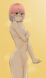 Rule 34 | 1girl, absurdres, blush, breasts, censored, covering breasts, covering privates, glasses, gradient hair, groin, hair behind ear, heart, heart censor, highres, medium breasts, multicolored hair, navel, nose blush, nude, original, pink hair, raised eyebrows, simple background, solo, sweat, tantanmen72, yellow background
