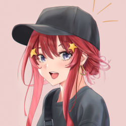 1girl :d baseball_cap black_hat earrings go-toubun_no_hanayome grey_shirt hair_between_eyes hair_ornament hat highres jewelry ko_tachi1104 looking_at_viewer nakano_itsuki open_mouth pink_background portrait purple_eyes red_hair shirt sidelocks smile solo star_(symbol) star_hair_ornament