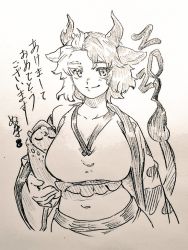 Rule 34 | 1girl, animal ears, animal print, black hair, breasts, collarbone, commentary request, cow ears, cow girl, cow horns, cow print, cow tail, crop top, grey hair, greyscale, haori, horns, japanese clothes, large breasts, menotama, midriff, monochrome, multicolored hair, navel, split-color hair, statue, stomach, tail, tank top, touhou, traditional media, translation request, two-tone hair, upper body, ushizaki urumi