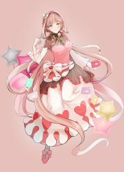 Rule 34 | 1girl, absurdly long hair, bad id, bad pixiv id, balloon, bow, breasts, brown hair, cleavage, dress, envelope, food-themed clothes, food fantasy, full body, green hair, hair bow, hand up, heart, highres, long hair, looking at viewer, medium breasts, pink background, pink dress, pink footwear, scabin, simple background, smile, solo, standing, tiramisu (food fantasy), very long hair, white bow